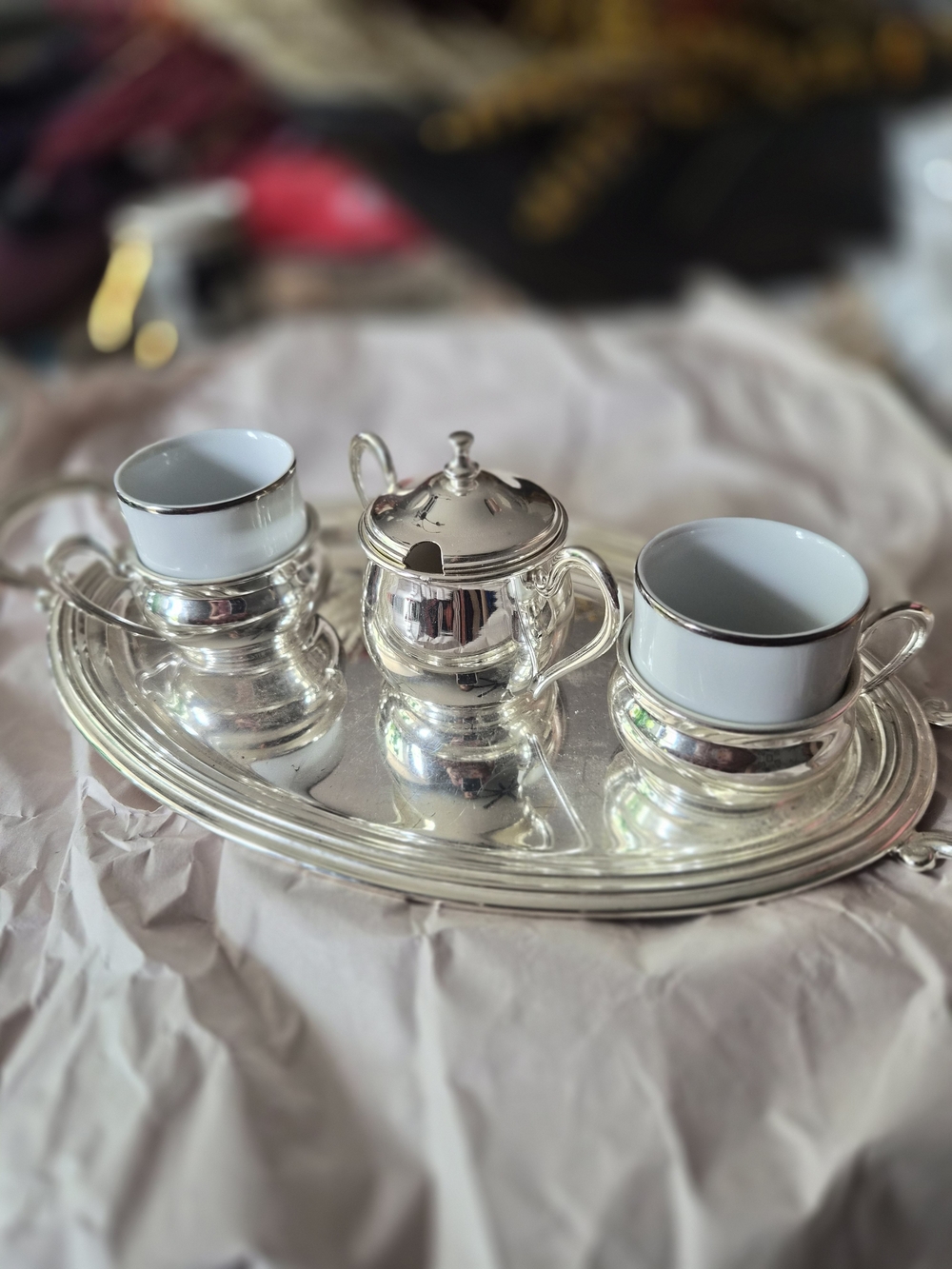 Silver-Plated Tea Set with White Cups